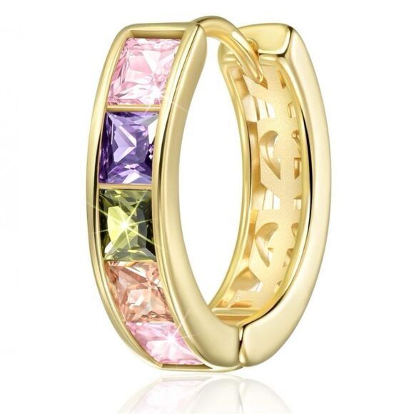 14K Yellow Gold with Multicolored Cubic Zirconia Princess Cut Huggie Earrings - Picture 2 of 5